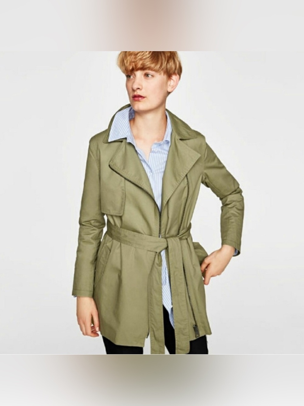 Zara Olive Green Belted Asymmetrical Trench Coat medium